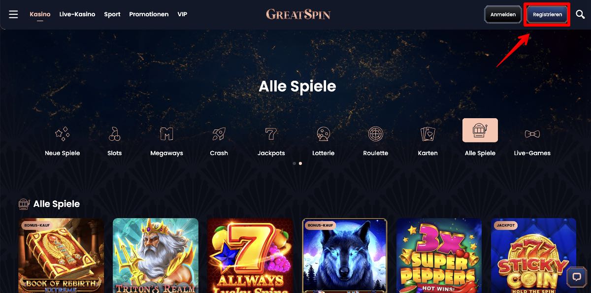 GreatSpin Homepage Registrierung