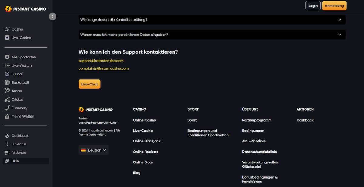 Kundensupport von Instant Casino
