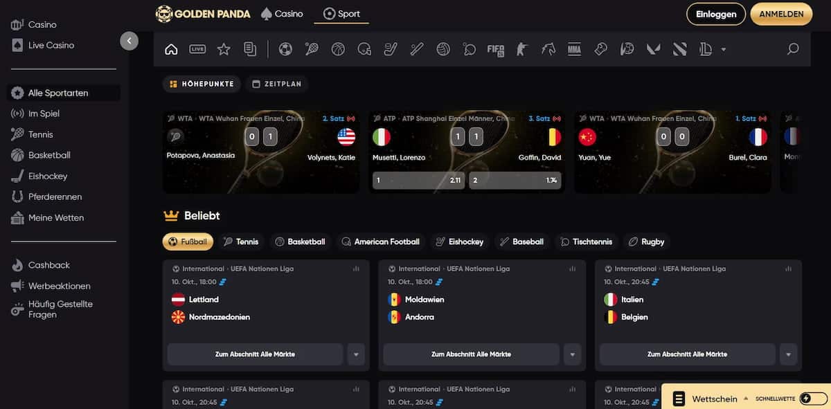 Sportwetten bei Golden Panda